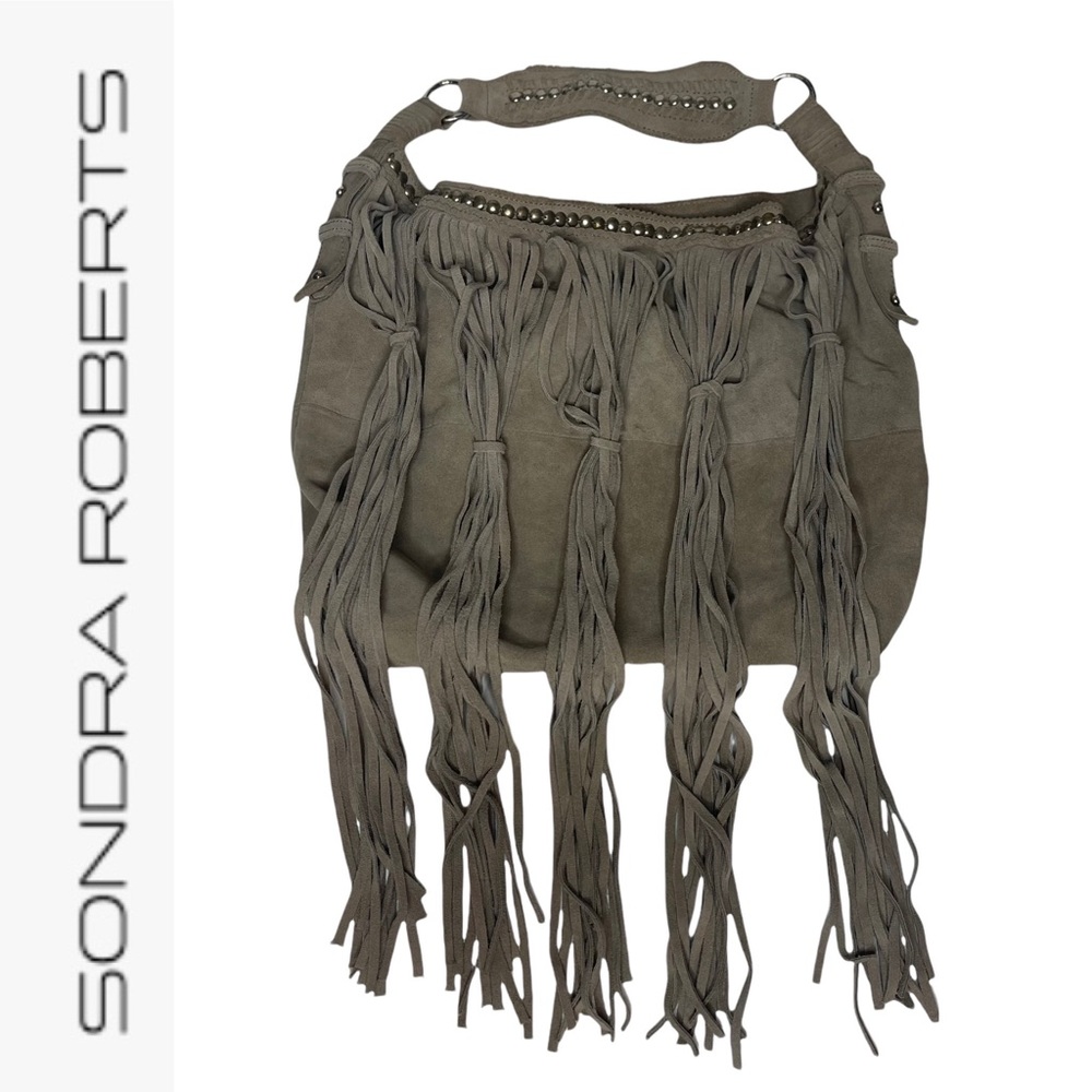 Last Chance….Sondra Roberta Gray Suede Leather Large Fringe Studded Hobo Bag - Picture 1 of 16